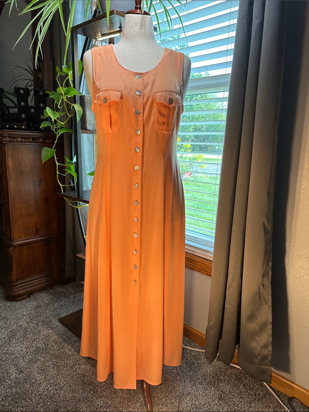 Button-Front Sleeveless peach colored Maxi Dress